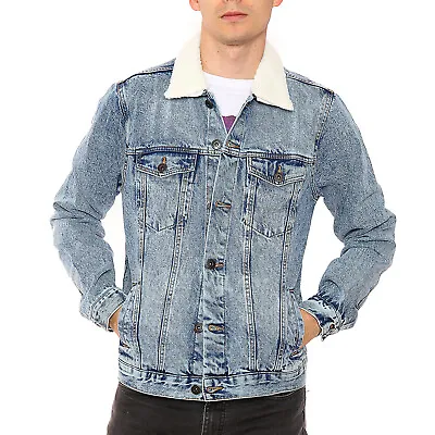 Buy Mens Denim Jacket With Detachable Sherpa Collar Trucker Fur Classic Coat • 19.99£