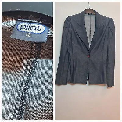 Buy Vintage Denim Style Blazer With Puff Sleeves - Ladies 12 • 8£