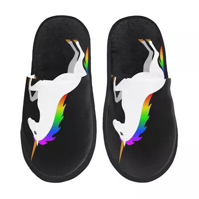 Buy Plush Indoor Slippers Unicorn Black Print Warm Soft Shoes Home Footwear Autumn • 33.24£