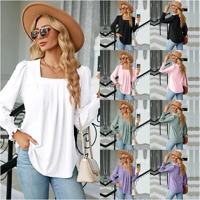 Buy Women's Top Ruched Long Sleeve Square Neck Blouse Tops Ladies Casual Pullover UK • 6.98£