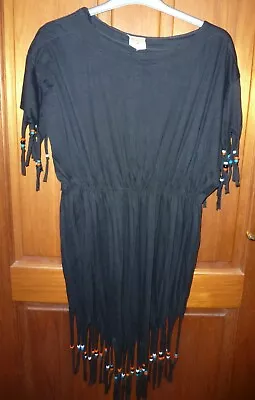 Buy Black Dress Size 12 - Bead Tassles On Sleeves & Hem 'Indian' Style Fancy Dress • 7.50£