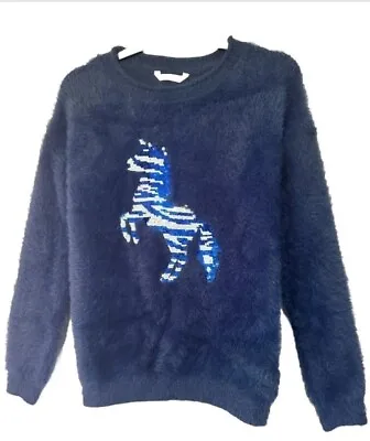 Buy Brand New M&S Kids Navy Mix Reversible Sequin Unicorn Knitted Jumper Size 12-13 • 14£
