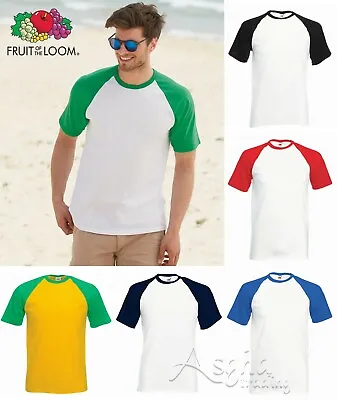 Buy SHORT SLEEVE Contrast Baseball T Shirt Fruit Of The Loom Casual Cotton Tee Sport • 6.99£