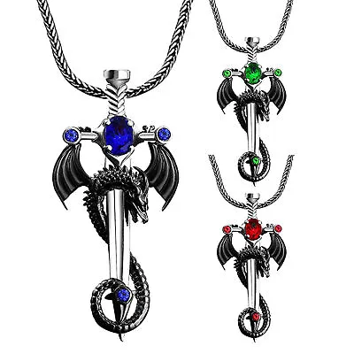 Buy Gothic Men Dragon Necklace Vintage Dragon Cross Pendant Necklace Jewelry • 6.59£