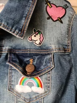Buy Stretchy Denim Jacket  UK 12 With Rainbow Heart Patches  See Description  • 10£