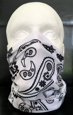 Buy Biker Tube Snood Scarf White Black Paisley Mask For Under Helmet Ski Face Cover • 2.52£