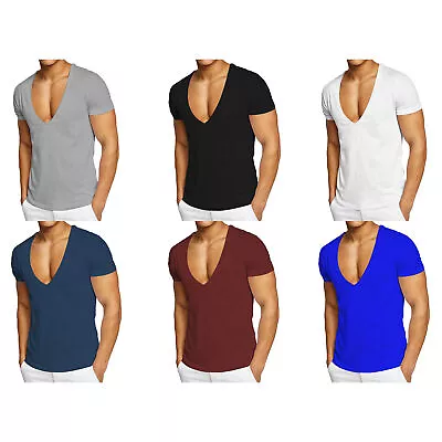 Buy Mens Deep V-Neck Shirts Low Cut Stretch Basic Cotton Top Athletic Muscle T-Shirt • 11.99£