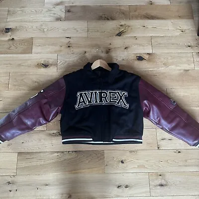 Buy Avirex Leather Varsity Bomber Jacket Black Burgandy Size Xs • 300£