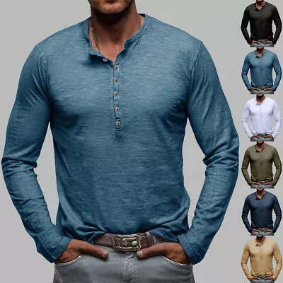 Buy SALE⭐Mens Button Long Sleeve Slim Fit Pullover T Shirts Blouses Top Tees Work OL • 14.79£