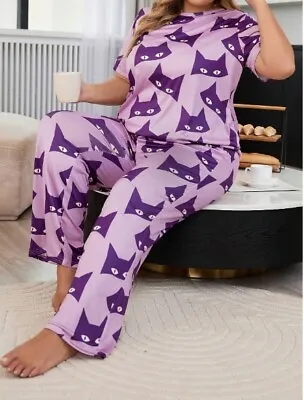 Buy Pyjama  Plus Size 18 20 22 24 Purple Black Cat Print Stretch Loungewear Comfort • 13.49£