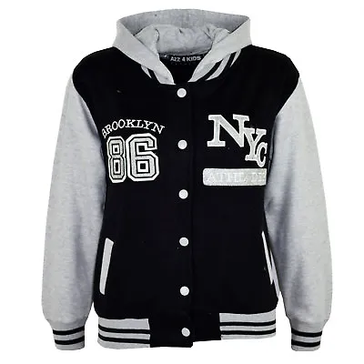 Buy Kids Girls Baseball NYC ATHLETIC Black Hooded Jacket Varsity Hoodie Age 5-13 Yrs • 9.99£