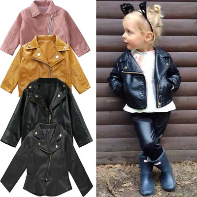 Buy Girls Boys Faux Leather Coat Jacket Kids Cool Baby Biker Zip Up Outwear Jeckets • 15.49£