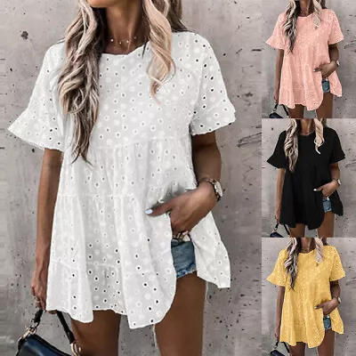 Buy Womens Casual Summer Short Sleeve Shirts Tops Tee Ladies Plain Lace Blouse UK • 5.99£