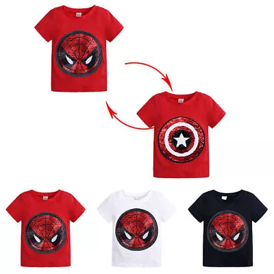Buy Children Boys Spiderman Flip Sequin Short Sleeve T-Shirt Tops Summer Tee Blouse> • 9.99£