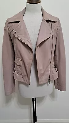 Buy KAREN MILLEN - Blush Pink 100% Real Leather Biker Style Zip Up Jacket - Size 10 • 64.99£