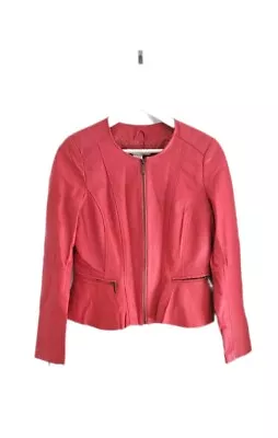 Buy La Redoute Leather Jacket Fitted Short Peach Pink Peplum Size UK 12 • 45£