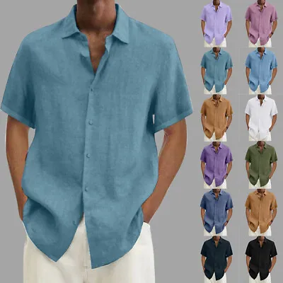 Buy Mens Shirt Summer T-Shirt Beach Holiday Casual Short Sleeve Plain Button-up Tops • 3.99£