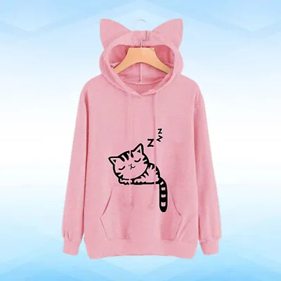 Buy  Adorable Cat Printed Hoodie Fashionable Loose Pullover Long Sleeve Sweater For • 15.35£