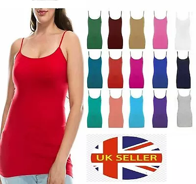 Buy Women Ladies Long Cami Strappy Stretch Plain Vest T-Shirt Top 8-26 • 5.95£
