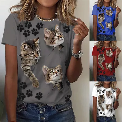 Buy Women Short Sleeve Cat Print Tops T-Shirts Ladies Summer Casual Blouse Tee Shirt • 9.59£