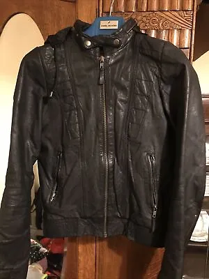 Buy Vintage Goat Leather Black Hooded Biker Jacket S. Pepe Jeans. Spain • 9.12£