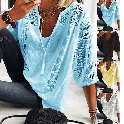 Buy Plus Size Womens Lace V-Neck Tops Ladies 3/4 Sleeve Baggy Loose T-Shirts Blouse • 12.09£