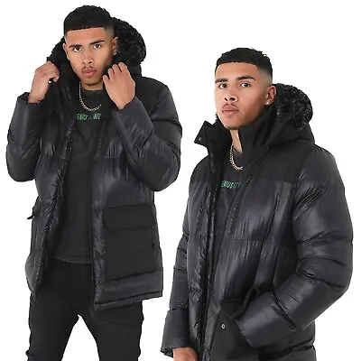 Buy Mens Padded Jacket Fur Hood Men Black Long Sleeve Warm Winter Jackets For Men's • 35.11£