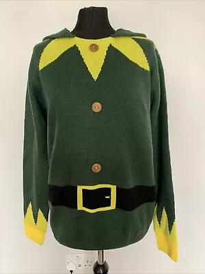 Buy ELF - Christmas Jumper Hooded - Buttons & Bell - Green & Yellow - Size M Primark • 21.99£