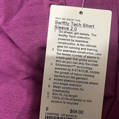 Buy NWT Lululemon Swiftly Tech Short Sleeve 2.0 Vivid Plum Size ： 8 • 84.10£
