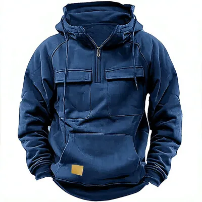 Buy Mens Cargo Hoodies Tops Combat Work Military Solid Baggy Zip Hooded Sweatshirt • 22.99£