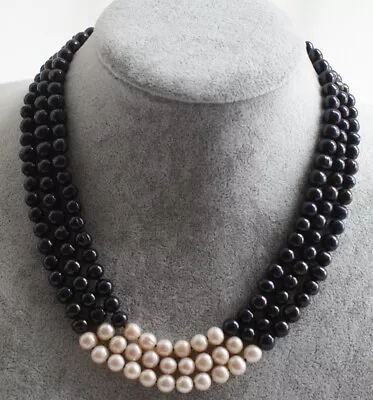 Buy 3 Rows 6-7mm Natural Black & White FreshWater Pearl Women Jewelry Necklace 18  • 35.99£