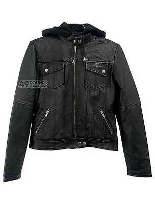 Buy Ladies Sports Fabric Hooded Jacket Black Real Leather Biker Retro Style Jacket • 41.65£