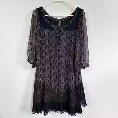 Buy Free People Black Floral Shift Dress Scoop Neck 3/4 Sheer Sleeve Chiffon Hem L • 25.05£