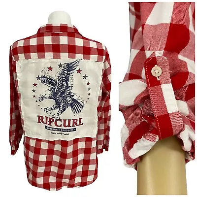 Buy Upcycled Flannel Shirt Women XL Red Ripcurl Eagle Plaid Boho Country Grunge Camp • 38.90£