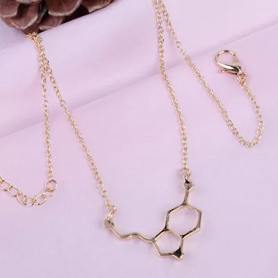 Buy Women Gold Chemistry Serotonin Molecule Pendant Necklace Long Chain Jewelry Gift • 4.67£