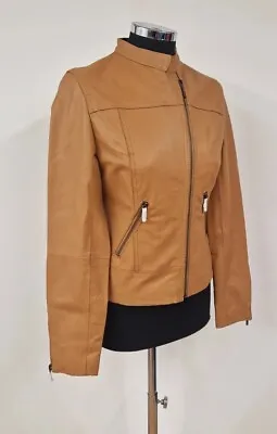 Buy Ellos Tan Leather Jacket Size UK 10 Biker Lined Camel Sara Kelly NEW Pure Real  • 46.95£