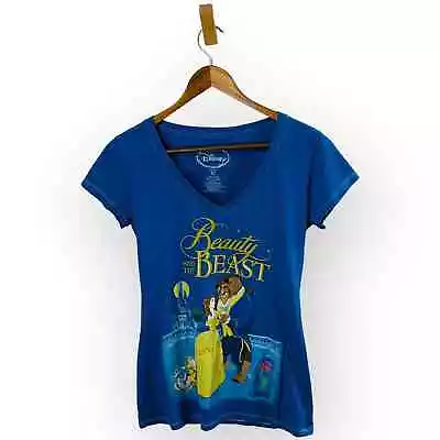 Buy Beauty And The Beast T-Shirt Womens Size Medium Blue V-Neck Short Sleeves Disney • 13.43£