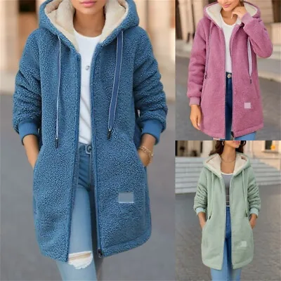 Buy Womens Full Zip Up Hooded Sherpa Jacket Fleece Jacket Winter Trendy Plush Coat • 24.13£