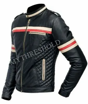 Buy Mens Red And White Striped Slim Fit Black Biker Quilted Genuine Leather Jacket • 95.99£