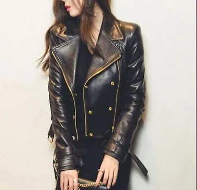 Buy Women's Black Moto Style Genuine Leather Motorcycle Slim Fit Biker Jacket • 79.99£