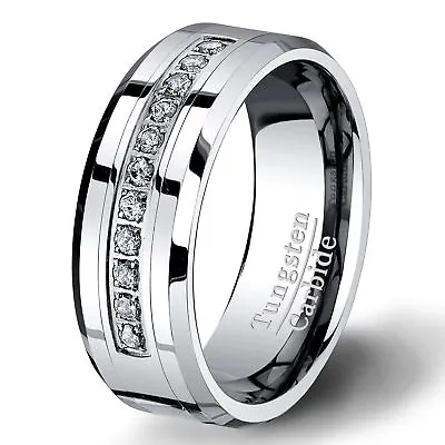 Buy 8mm Tungsten Carbide Ring With Brilliant CZ Mens Wedding Band • 67.48£