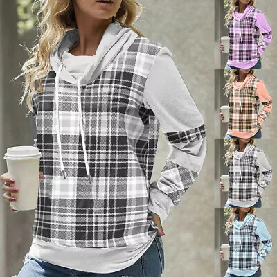 Buy Women Plaid Check Hooded Sweatshirt Ladies Hoodies T-Shirt Tops Blouse Size UK • 13.19£