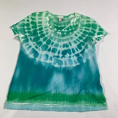 Buy Chicos T Shirt Women Medium Blue Short Sleeve Rayon Tie Dye Boho Embellished USA • 10.71£