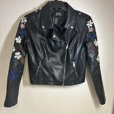 Buy Urban Retro Womens M Faux Leather Jacket With Floral Embroidered Sleeves • 24.51£