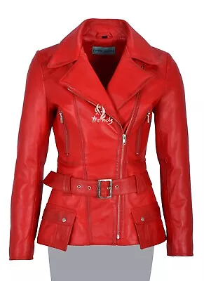 Buy Leather Leather Jacket Red Wax Classic Belted Real Leather Top Long Coat Jacket • 119.99£