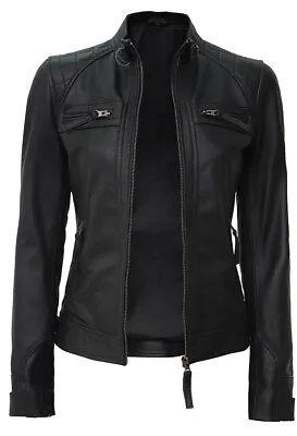 Buy Ladies Women's Black Slim Fit Biker Faux Leather Designer Fashion Black Jacket • 32.89£