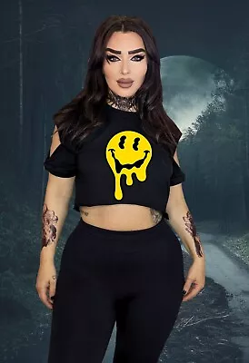 Buy Smiley Face Logo Melted Goth Horror Emo Crop Top Unique Tshirt Print Woman UK • 12.99£