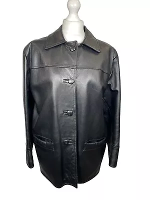 Buy Vintage Real Leather Jacket Size Medium Chest 46” Chest Black Button Up Pockets • 26£