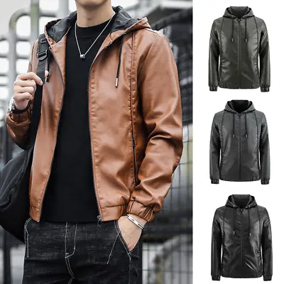 Buy Men Leather Jacket Slim Fit Hooded PU Biker Coat Zipper Pockets Casual Tops • 45.30£