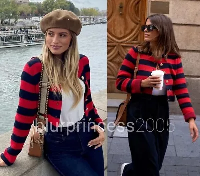 Buy ZARA Cardigan Knit Sweater Striped With Gold Buttons S Red Navy Blue • 35.99£